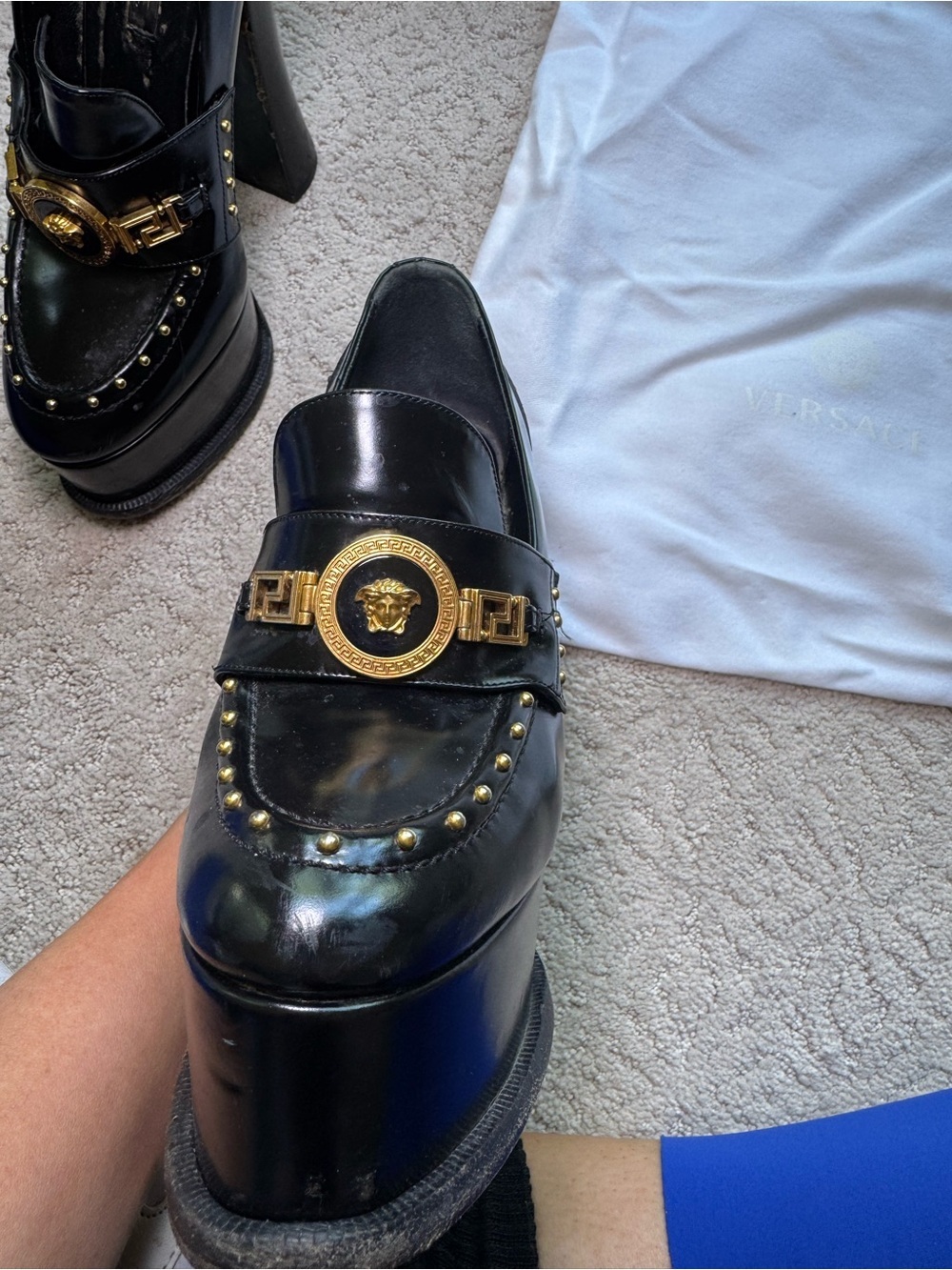 Versace Black Platform Gold Studded Loafer Platform Heels with Medallion - Picture 2 of 10